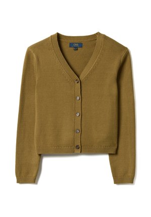 Olijfgroene cropped cardigan met lange mouwen, een V-hals, geribbelde randen en vijf knopen aan de voorkant.