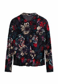 Long-sleeve button-up shirt in black velvet with floral pattern in red, blue, and cream. Features a collar and textured fabric.