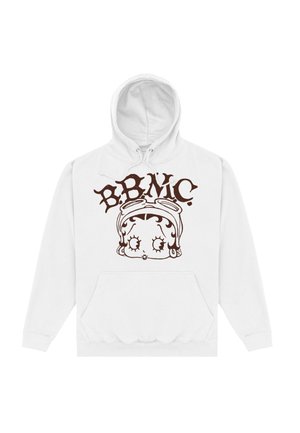 Biała hoodie z przednią kieszenią; zawiera brązowy wzór graficzny postaci z dużymi oczami i włosami w opasce.