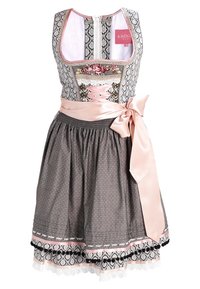 Tradycyjna sukienka dirndl z szarym wzorzystym topem, różowym pasem i spódnicą w kropki. Posiada kwiatowe akcenty oraz koronkowy wykończenie u dołu.
