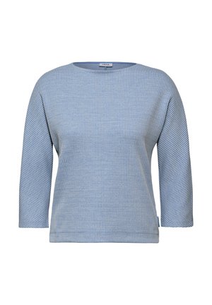 Lichtblauw gestreept langslijfs shirt met een ronde halslijn en een relaxte pasvorm. Ribbelstructuur met subtiele horizontale strepen.