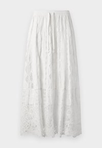 Witte kanten midi rok met een elastische tailleband, met intrigerende geometrische patronen en een gelaagd ontwerp. Licht en luchtig textuur.