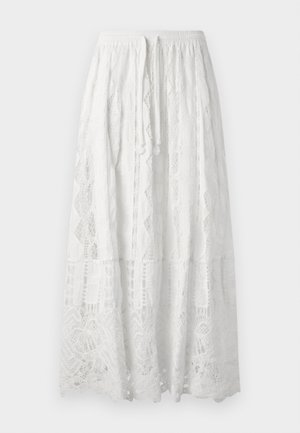 Saia midi de renda branca com cintura elástica, apresentando padrões geométricos intrincados e um design em camadas. Textura leve e arejada.