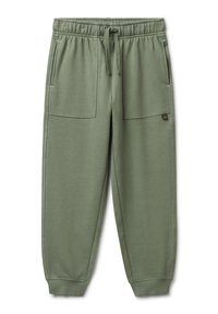 Jasnozielone dresowe spodnie z elastycznym pasem, sznurkiem, kieszeniami naszytymi z przodu, białymi przeszyciami i ściągaczami u dołu.