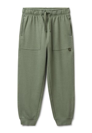 Olivgrüne Jogginghosen mit elastischem Bündchen, Kordelzug, aufgesetzten Taschen vorne, weißen Nähten und gerippten Bündchen.