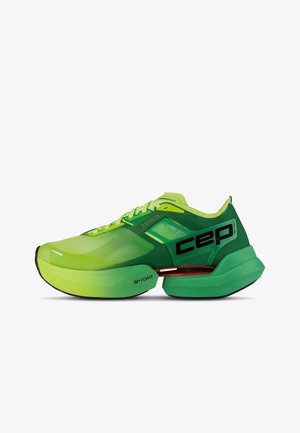 Running shoe in bright green and yellow with thick cushioned sole, black CEP logo on side, and red support bar in midsole.