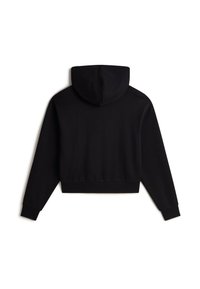 Svart kort hoodie med huva, långa ärmar, ribbade mudd och rak nederkant. Tillverkad av mjukt, texturerat tyg.