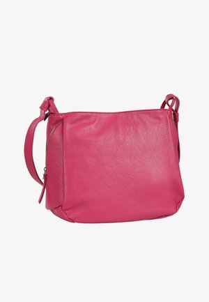 Bright pink leather shoulder bag with a zipper pocket on one side and an adjustable strap against a white background.