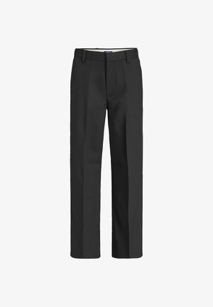 Svarte, skreddersydde bukser med rette ben, beltehemper og frontbrett, egnet for formell eller forretningsbruk.