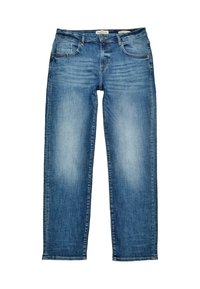 Vaqueros de denim azul claro, corte recto, con cinco bolsillos, leve desvanecimiento, dobladillo estrecho y cierre con botón en la parte superior.