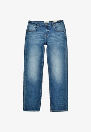 Šviesiai mėlyni džinsai, tiesaus kirpimo, su penkiais kišenėmis, šiek tiek nudilę, siaura apačia ir viršutiniu užsegimu.