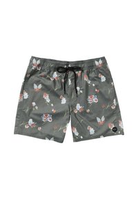 Green floral swim shorts feature a drawstring waist, lightweight material, and a pattern of butterflies and flowers in blue, red, and white.