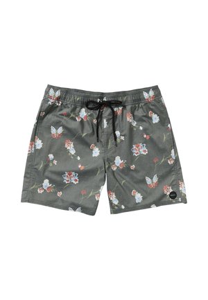 Green floral swim shorts feature a drawstring waist, lightweight material, and a pattern of butterflies and flowers in blue, red, and white.