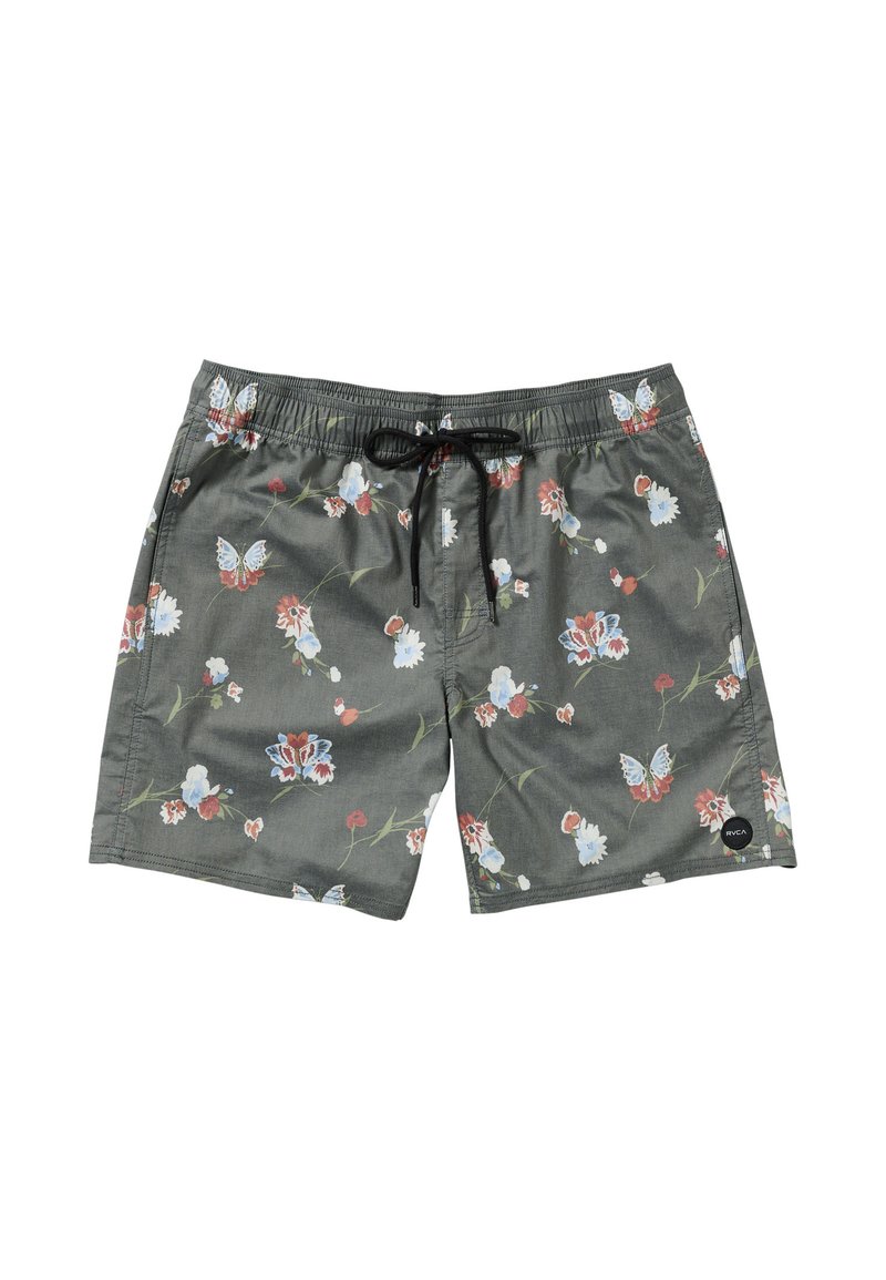 Green floral swim shorts feature a drawstring waist, lightweight material, and a pattern of butterflies and flowers in blue, red, and white.