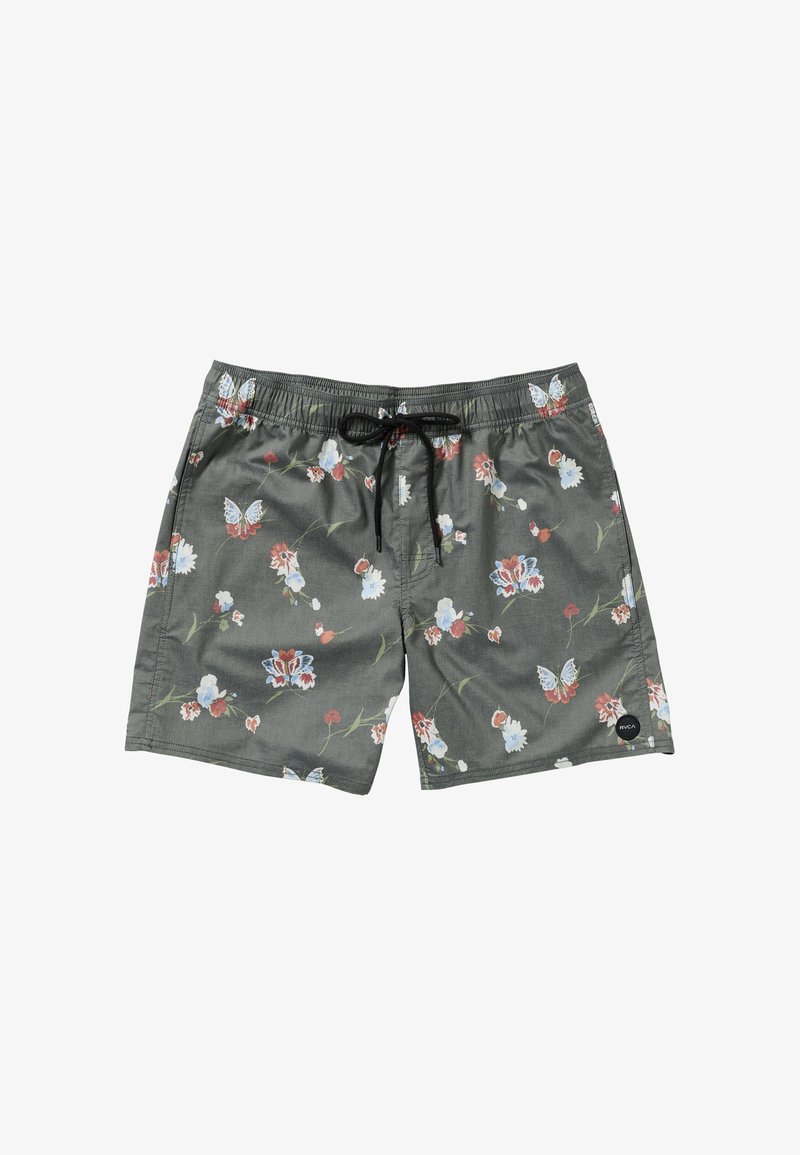 Zelené plavky s kvetinovým vzorom majú šnúrku v páse, ľahký materiál a vzor motýľov a kvetov v modrej, červenej a bielej farbe.