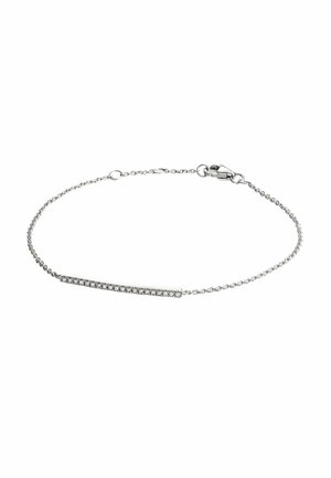 Pulsera de plata con una cadena delicada y una barra alargada que presenta una fila de piedras preciosas transparentes. Cierre de broche en un extremo.