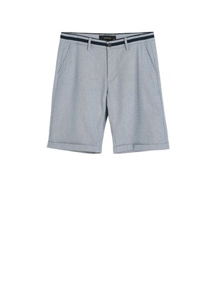 Jasnoszare, dopasowane szorty z przednimi kieszeniami, czarnym guzikiem, suwakiem, szlufkami i paskiem w granatowe paski.