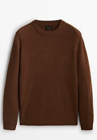 Brązowy sweter z okrągłym dekoltem wykonany z miękkiego materiału o teksturowanym wykończeniu. Żebrowany kołnierz i mankiety. Klasyczny prosty krój.