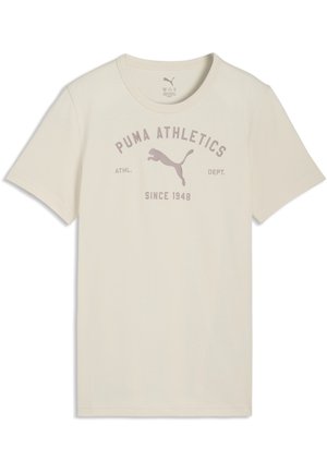 Beżowy T-shirt Puma Athletics z krótkim rękawem, okrągłym dekoltem oraz napisem "PUMA ATHLETICS SINCE 1948" i sylwetką pumy na przodzie.