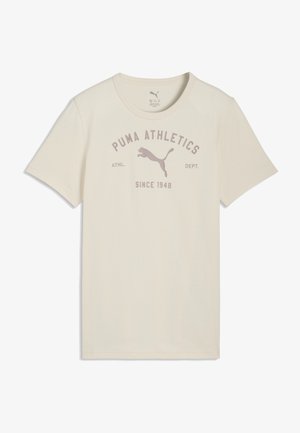 T-shirt beige Puma Athletics à manches courtes, col rond, avec le texte du logo "PUMA ATHLETICS DEPUIS 1948" et une silhouette de puma sur le devant.