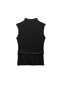 Svart ärmlös topp med hög hals, ribbad textur och en slimmad midja som övergår i en avslappnad nederdel.