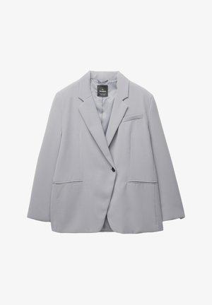 Vaaleanharmaa bleiseri, jossa on lovikolttu kaulus, yksi musta napitus, kaksi etutaskua ja tyylikäs, sileä kangastunne.