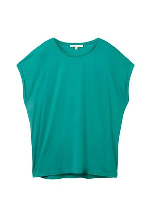 Teal kortemouwen losse dames top met ronde hals en klein wit label binnenin de kraag.