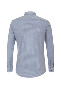 Himmelblaues Langarmhemd mit karriertem Muster. Verfügt über einen klassischen Kragen, knöpfbare Manschetten und einen geraden Saum mit glatter Textur.