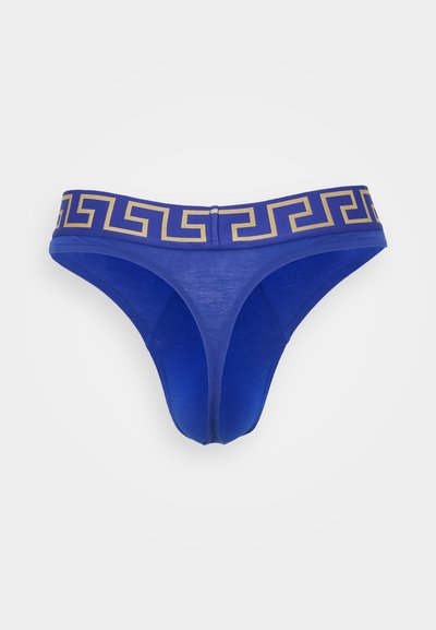 Blauer Baumwoll-Tanga mit einem geometrisch gold-musternden Bund. Verfügt über eine glatte Textur und ein minimalistisches Design, das sich für den täglichen Gebrauch eignet.