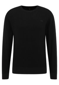 Schwarzer gestrickter Pullover mit Rundhalsausschnitt, langen Ärmeln und einem dezenten Logo auf der Brust. Mit gerippten Bündchen und Saum. Weicher Stoff.