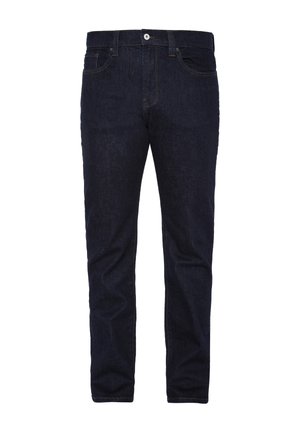 Dunkelblaue Jeans aus Denim mit geradem Bein, fünf Taschen, Gürtelschlaufen und einem Knopfverschluss am Bund. Glatte Textur.