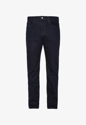 Vaqueros de mezclilla azul oscuro con corte recto, que cuentan con cinco bolsillos, trabillas para cinturón y cierre de botón en la pretina. Textura lisa.