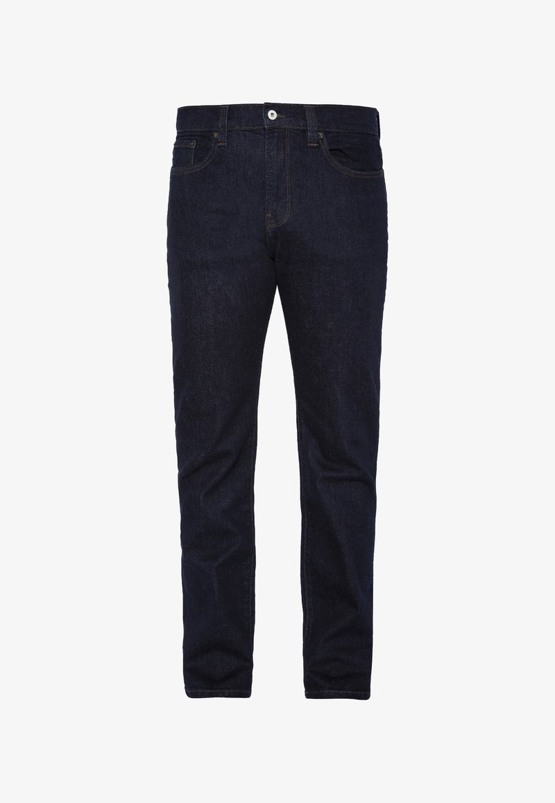 Jean en denim bleu foncé avec une coupe droite, doté de cinq poches, passants pour ceinture et d'une fermeture à bouton sur la ceinture. Texture lisse.