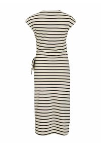 Kremowa i czarna sukienka w paski, z krótkimi rękawami i szczegółem w postaci bocznego wiązania. Gładka faktura i dopasowany krój.