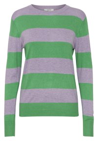 Maglione a righe verde e lavanda. Realizzato in morbido tessuto a maglia, presenta un collo a giro e maniche lunghe con polsini a coste.