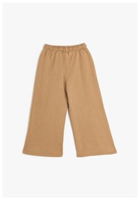 Beige brede bukser lavet af blødt stof, med en elastisk talje og en glat tekstur. Ingen yderligere mønstre eller detaljer.