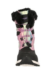 Stivaletto invernale impermeabile con tomaia iridescente rosa e blu, suola in gomma nera, collo in pelliccia sintetica e sistema di allacciatura regolabile.
