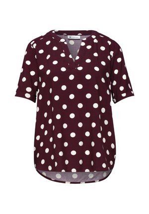 Blusa bordeaux a maniche corte con pois bianchi e scollo a V, con orlo curvo.