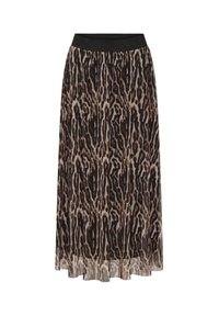 Lang leopardmønstret nederdel med sort elastisk talje, der har lagdelt gennemsigtigt stof og en flagrende silhuet.