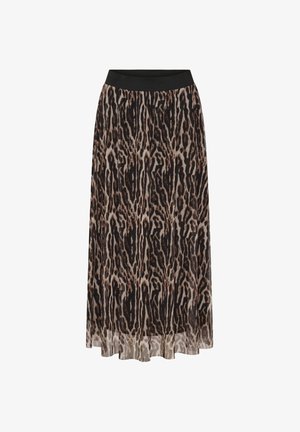 Lang leopardmønstret nederdel med sort elastisk talje, der har lagdelt gennemsigtigt stof og en flagrende silhuet.