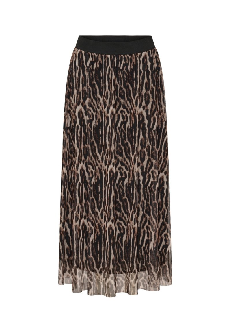 Lang leopardmønstret nederdel med sort elastisk talje, der har lagdelt gennemsigtigt stof og en flagrende silhuet.