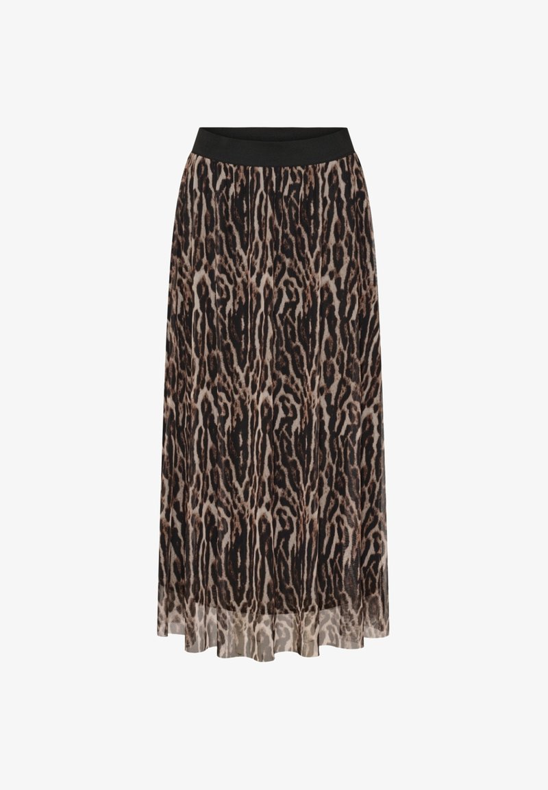 Lang leopardmønstret nederdel med sort elastisk talje, der har lagdelt gennemsigtigt stof og en flagrende silhuet.