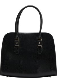 Sac à main noir texturé avec deux anses, matériel en ton doré et forme rectangulaire. Présente une base lisse et un motif en relief subtil.