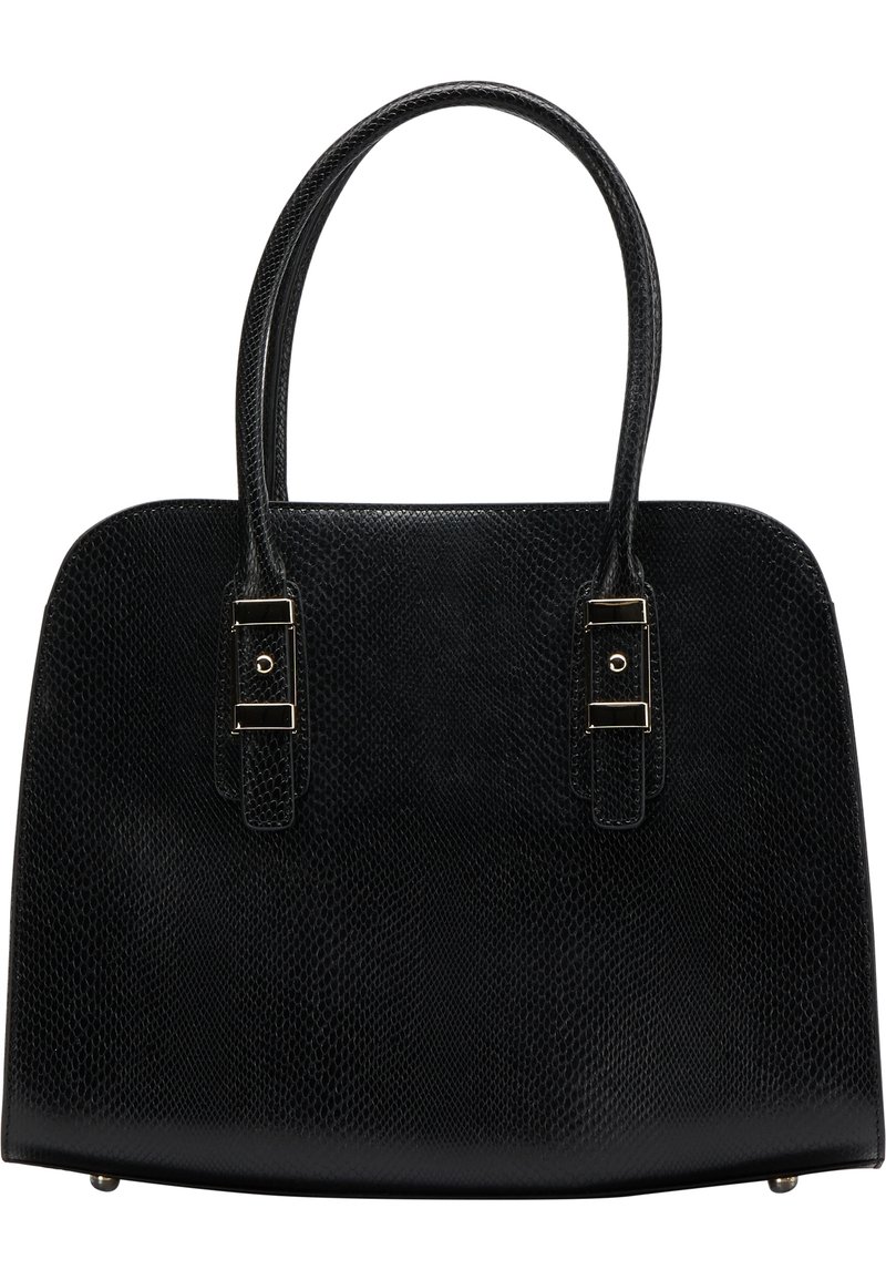 Sac à main noir texturé avec deux anses, matériel en ton doré et forme rectangulaire. Présente une base lisse et un motif en relief subtil.