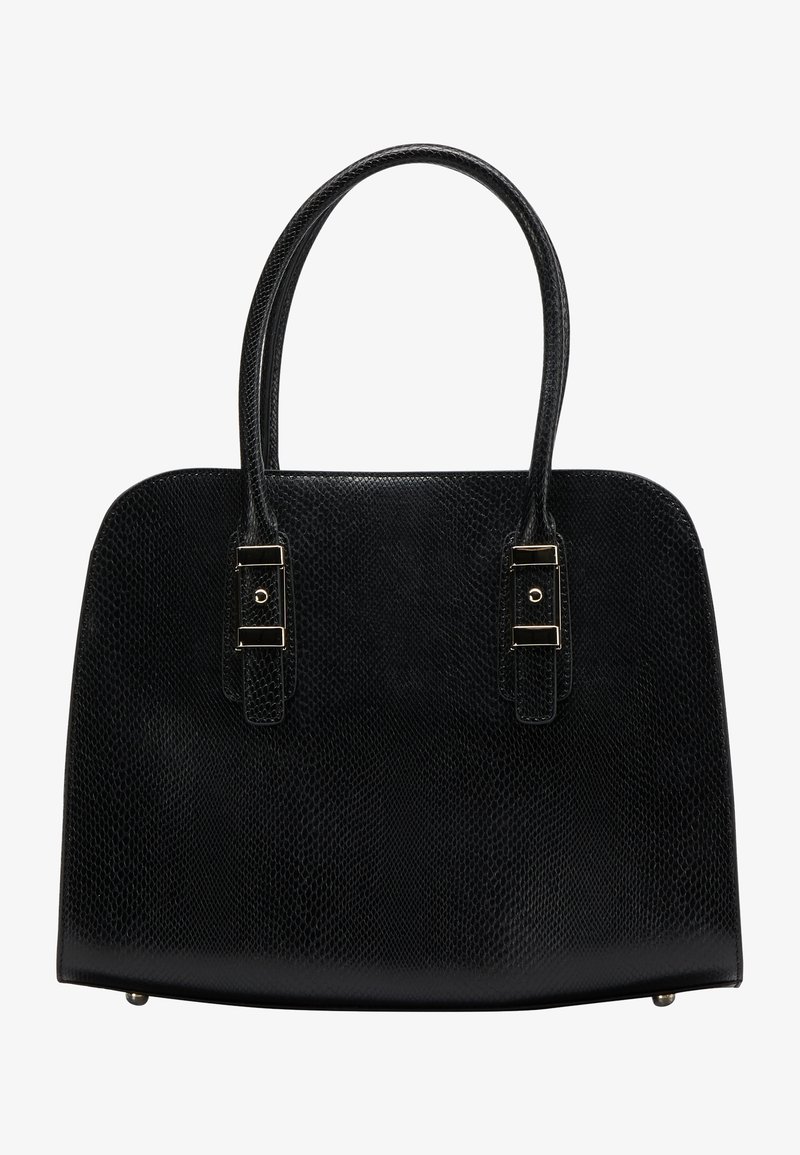 Borsa nera con texture, dotata di due spallacci, hardware dorato e forma rettangolare. Presenta una base liscia e un motivo inciso sottile.