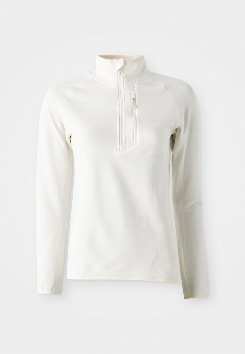 Witte lange mouw pullover met een half-rits kraag, met een subtiel gestreept textuurpatroon en zachte stof. Geen zichtbare logo's of versieringen.