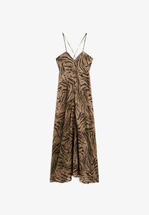 Bruine en zwarte tijger gestreepte maxi-jurk met dunne spaghetti bandjes en een vloeiende ontwerp, met een diepe halslijn en een ontspannen pasvorm.