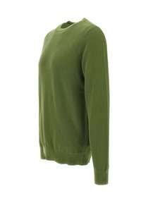 Maglione verde lavorato a maglia con maniche lunghe, scollatura rotonda, polsini e orlo a coste, e una superficie texturizzata per un tocco di dettaglio in più.