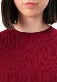 Jeune personne aux cheveux sombres mi-longs, portant un pull à col rond côtelé de couleur rouge foncé, lèvres fermées et peau lisse visible du menton à la poitrine.