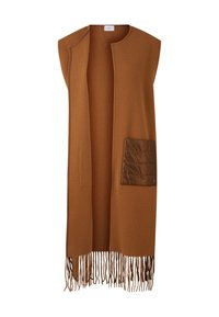 Brauner Wollweste mit ärmellosem Design, offener Vorderseite und fransigem Saum. Verfügt über eine kontrastierende, strukturierte Tasche auf der linken Seite.